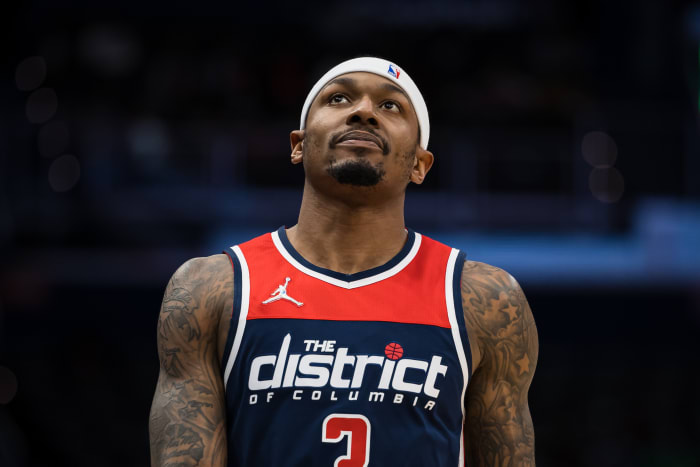 Jan 17, 2022; Washington, District of Columbia, USA; Washington Wizards guard Bradley Beal (3) looks on against the Philadelphia 76ers during the second half at Capital One Arena